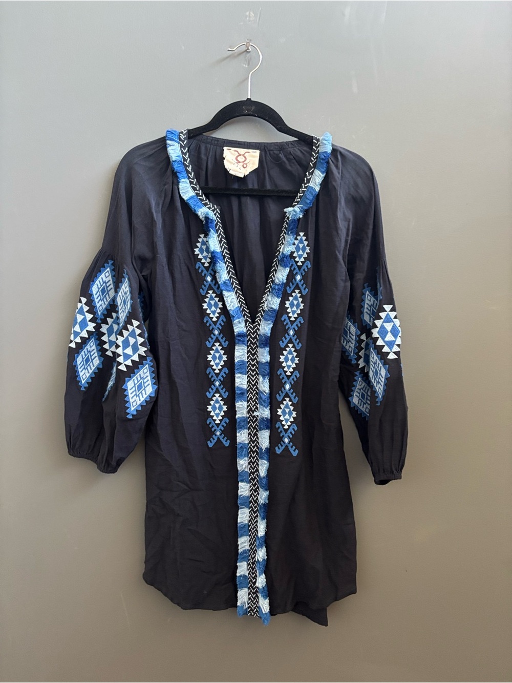 Figue Navy Boho Embroidered Tunic with Blue Geometric Accents